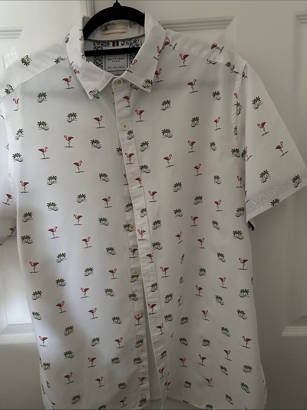 Cactus Man White Shirt with Red/ Pink Flamingos & Green Palm Trees Print